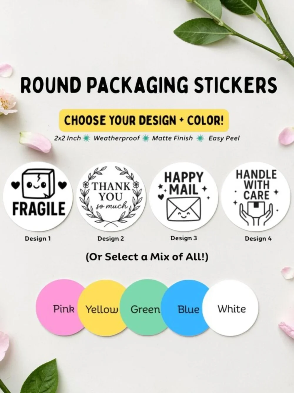 Round Thank You & Shipping Sticker Pack - White, Pink, Yellow, Green, Blue